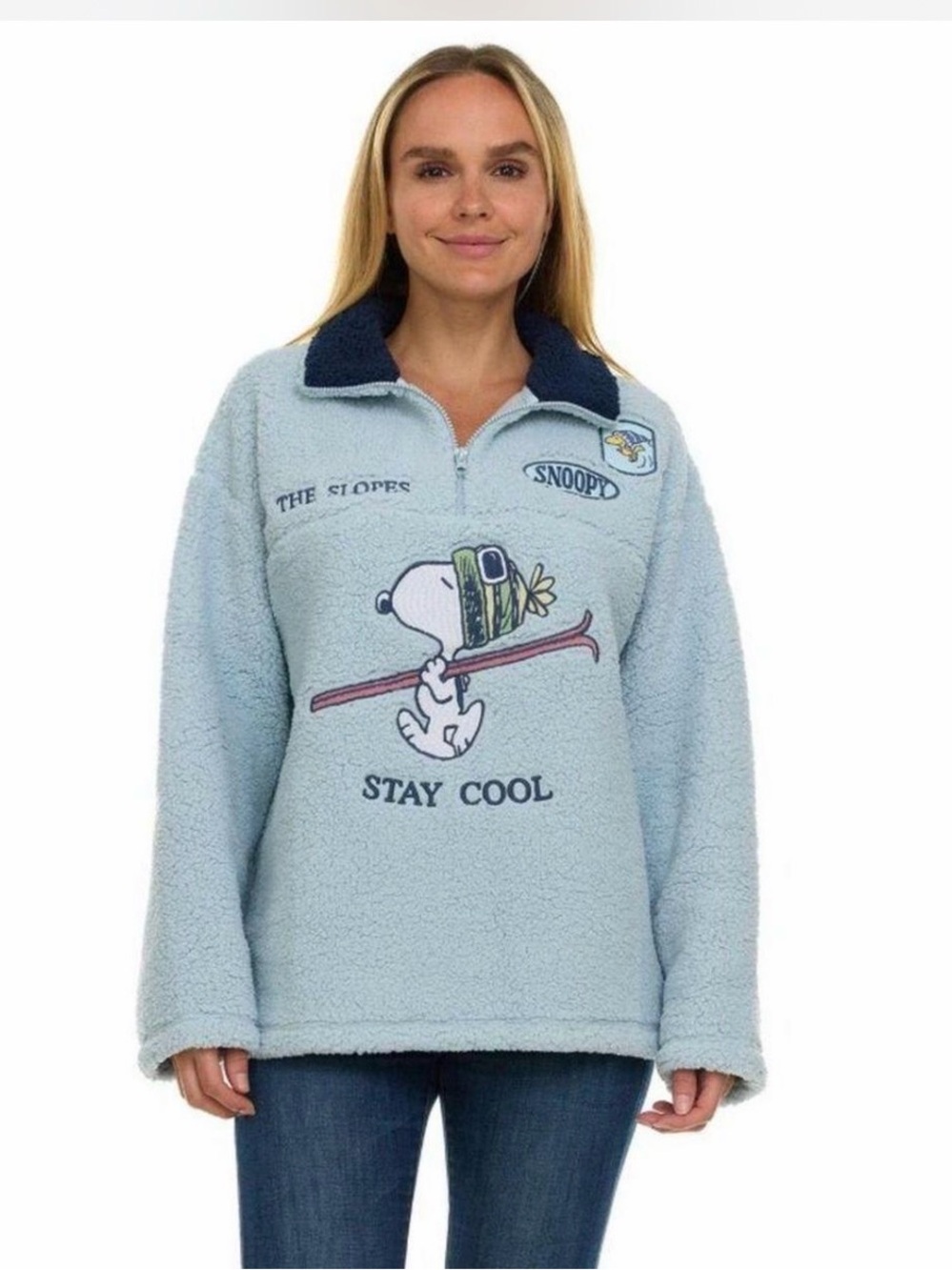 NWT Peanuts Snoopy Stay Cool Light Blue Sherpa Pullover M